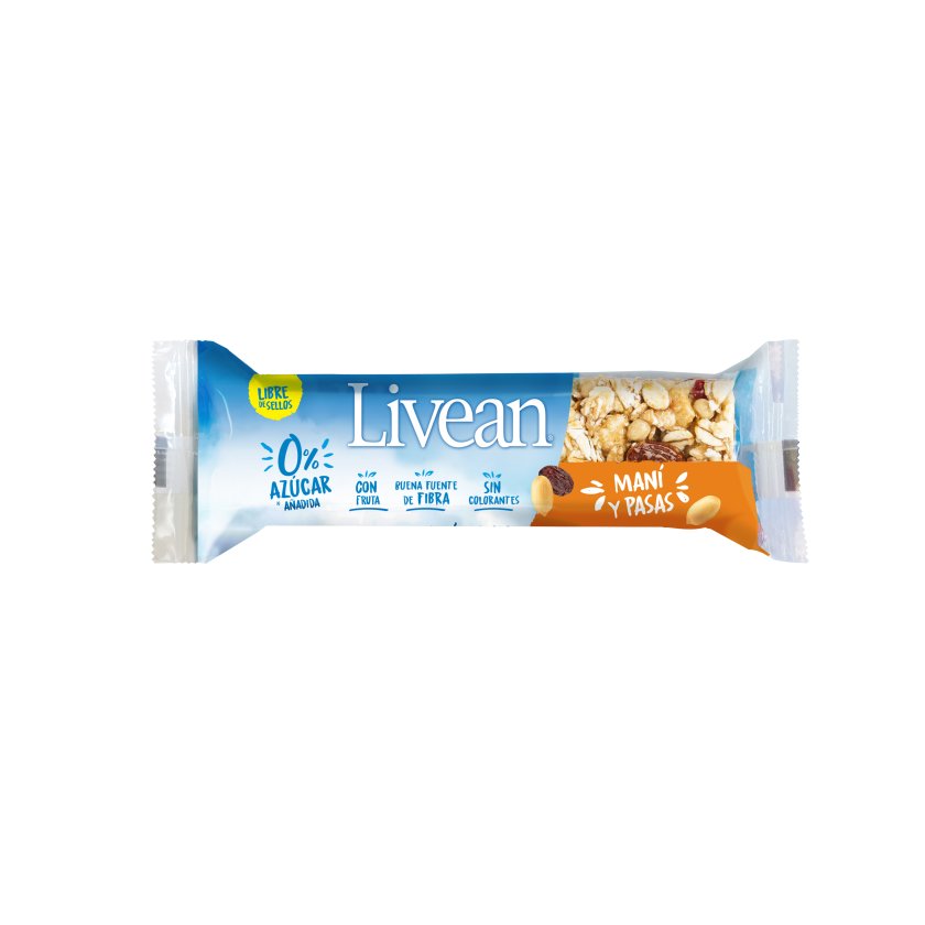 Barra cereal 0 azúcar maní pasas Livean 23g