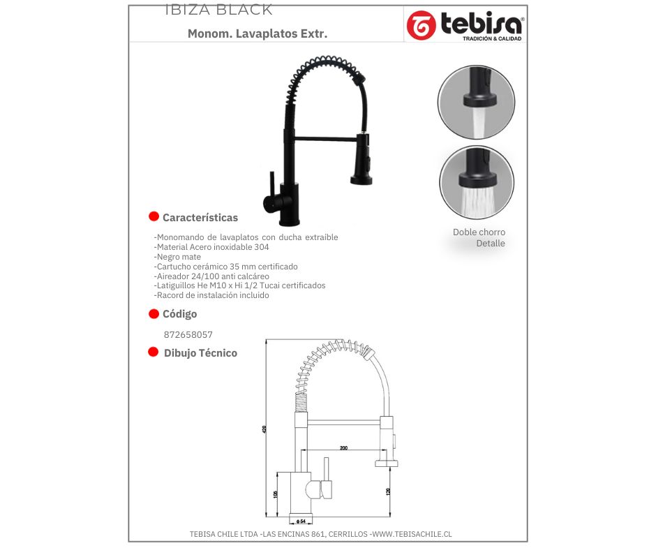 Griferia MONOMANDO LAVAPLATOS EXTRAIBLE IBIZA BLACK TEBISA