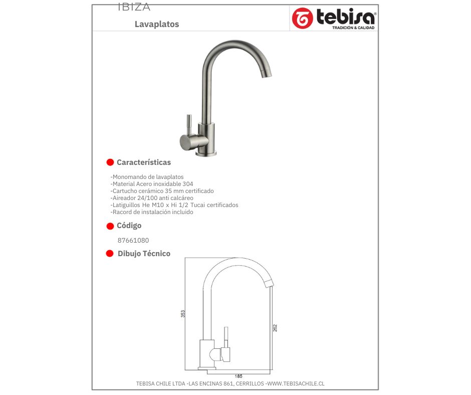 Griferia MONOMANDO LAVAPLATOS IBIZA SATIN TEBISA