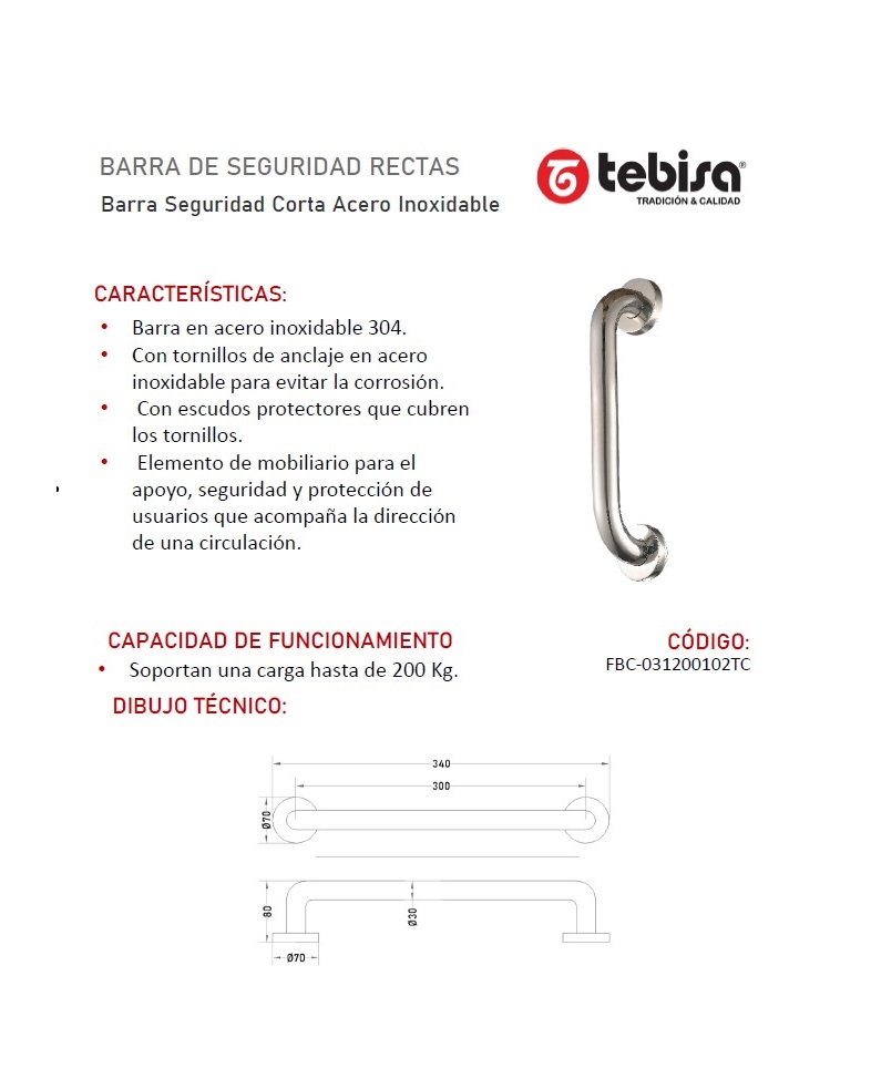 BARRA DUCHA ACERO INOX. 40 CTM. X 25 MM TEBISA