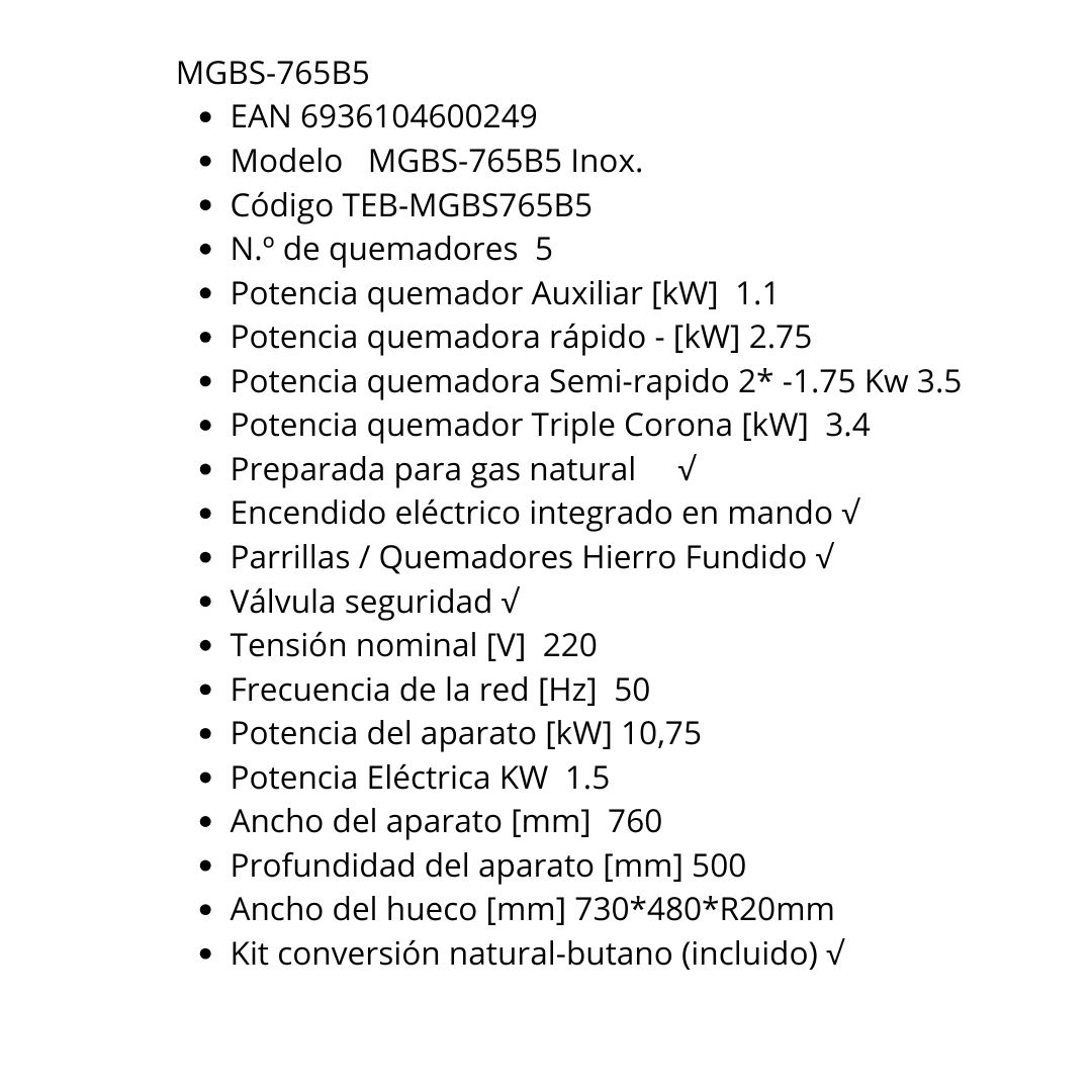 COCINA ENCIMERA GAS 5 QUEMADORES 76 X 50 TEBISA