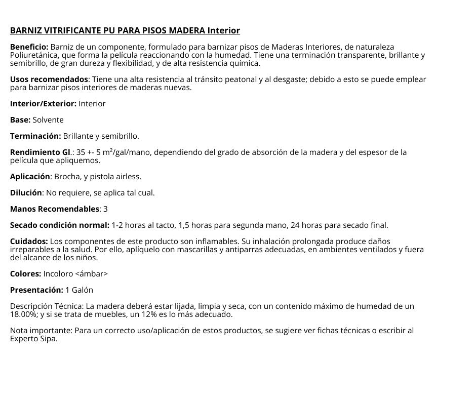 BARNIZ VITRIFICADO POLIURETANO S/B NATURAL SIPA Galon