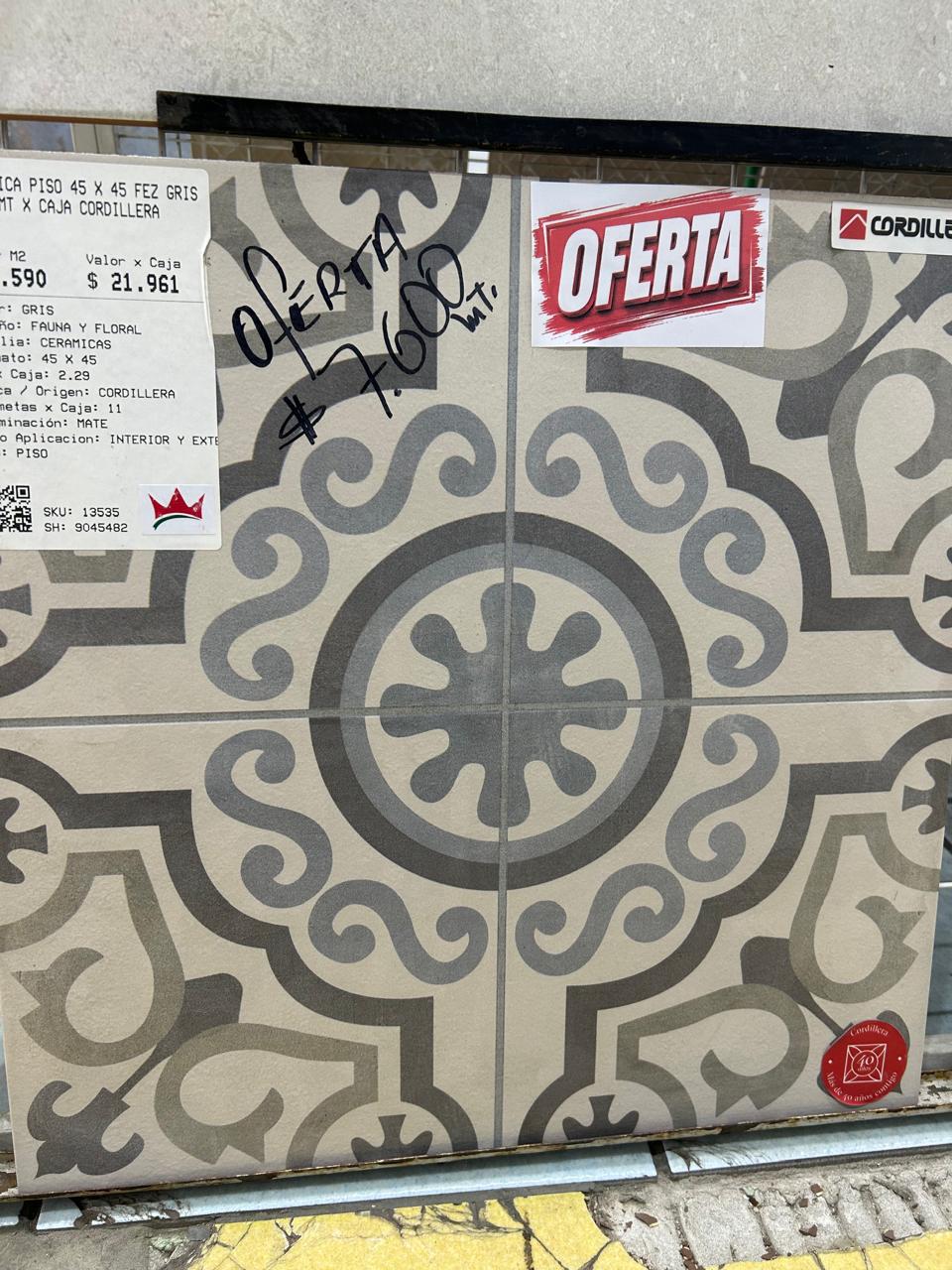 CERAMICA PISO 45 X 45 FEZ GRIS 2.29 MT X CAJA CORDILLERA