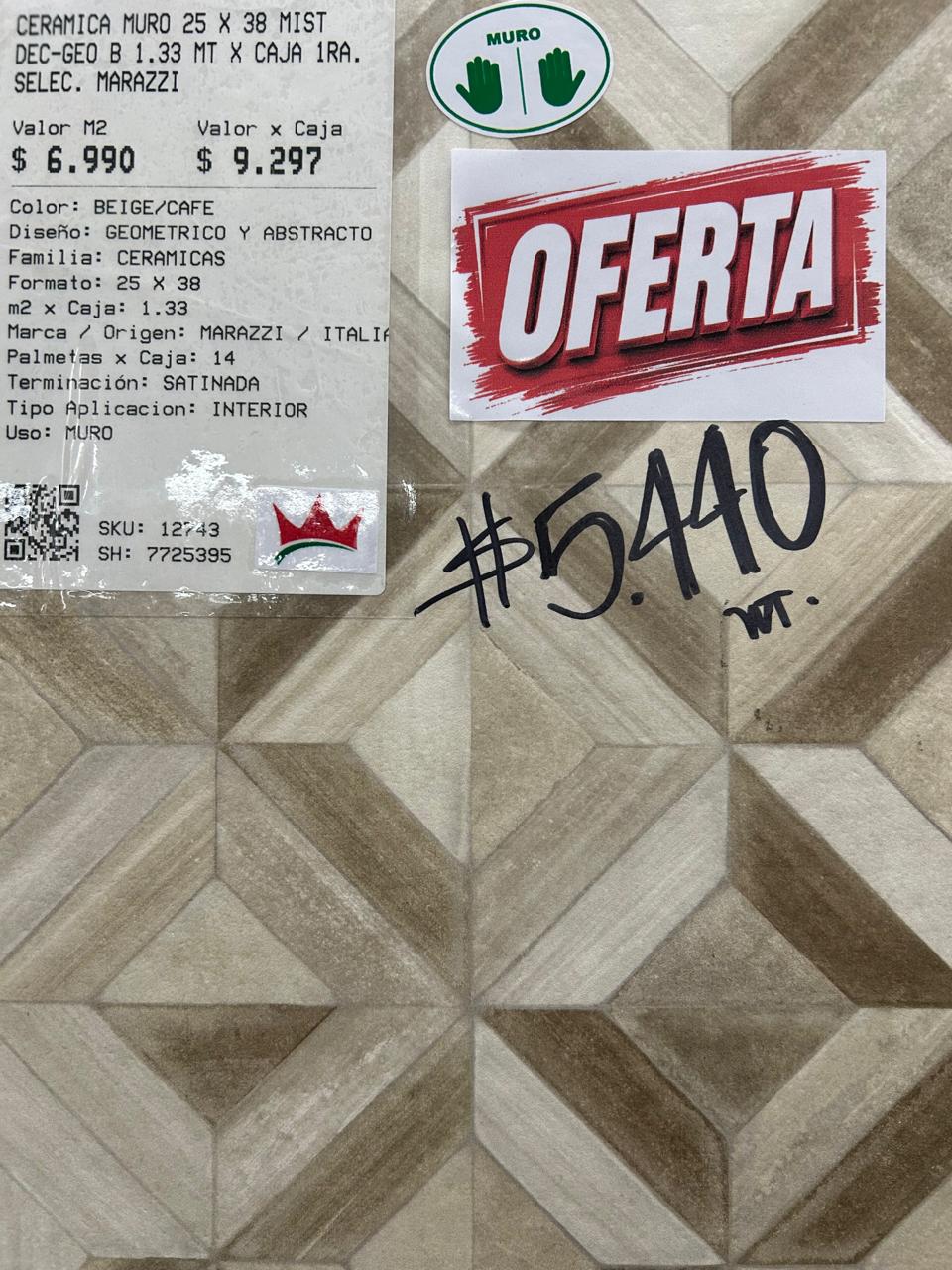 CERAMICA MURO 25 X 38 MIST DEC-GEO B 1.33 MT X CAJA 1RA. SELEC. MARAZZI