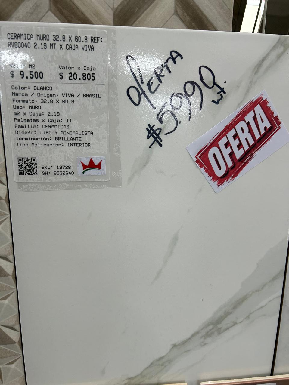 CERAMICA MURO 32.8 X 60.8 REF: RV60040 2.19 MT X CAJA VIVA