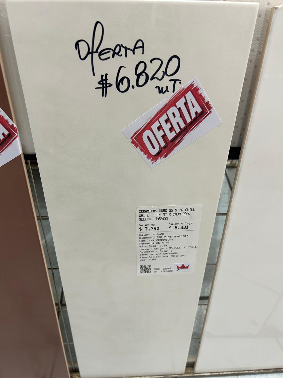 CERAMICAS MURO 25 X 76 CHILL WHITE  1.14 MT X CAJA 2DA. SELECC. MARAZZI