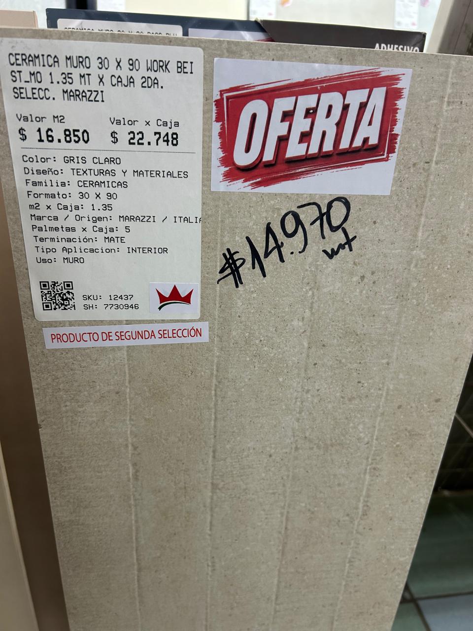 CERAMICA MURO 30 X 90 WORK BEI ST_MO 1.35 MT X CAJA 2DA. SELECC. MARAZZI