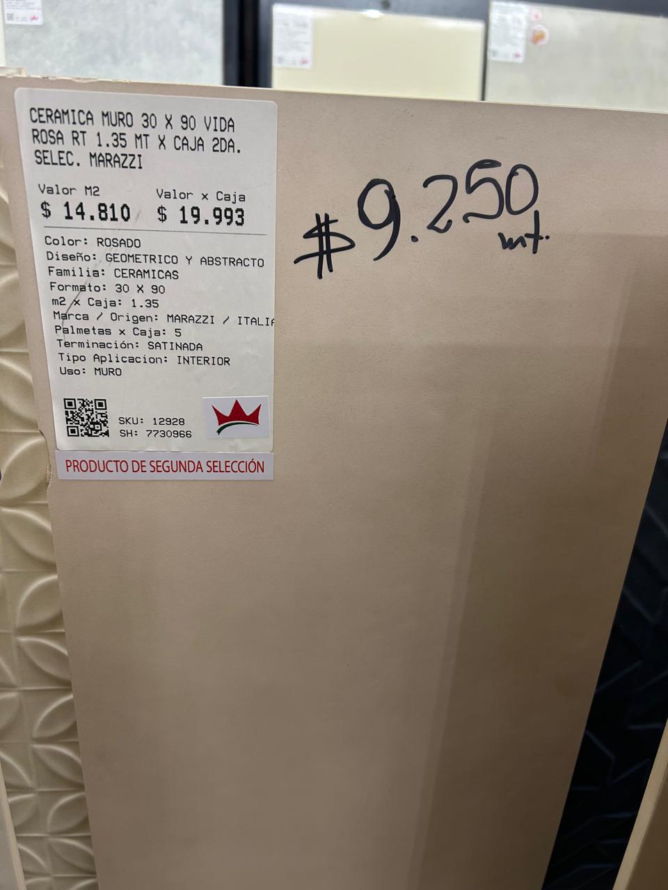 CERAMICA MURO 30 X 90 VIDA ROSA RT 1.35 MT X CAJA 2DA. SELEC. MARAZZI