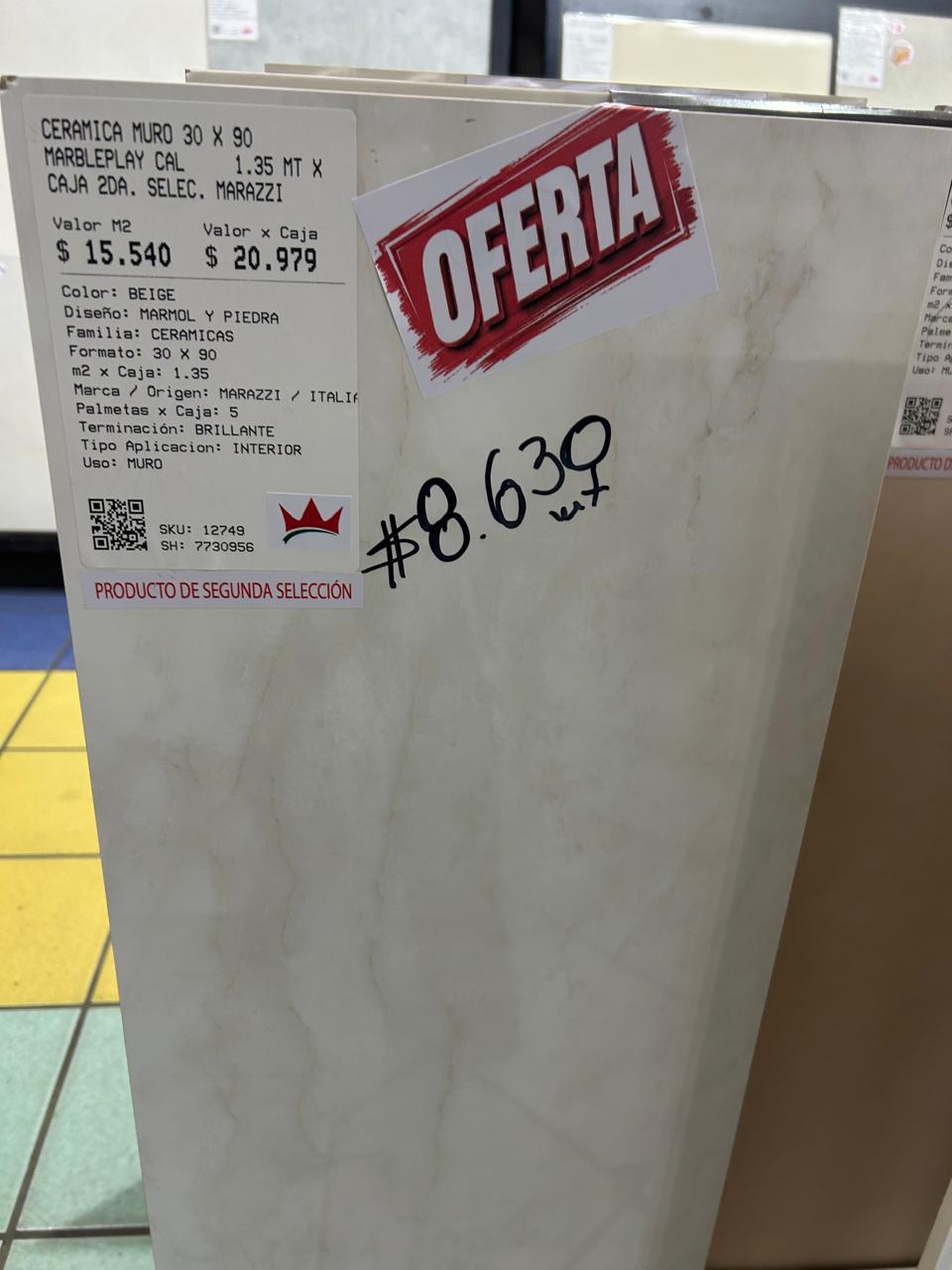 CERAMICA MURO 30 X 90 MARBLEPLAY CAL     1.35 MT X CAJA 2DA. SELEC. MARAZZI