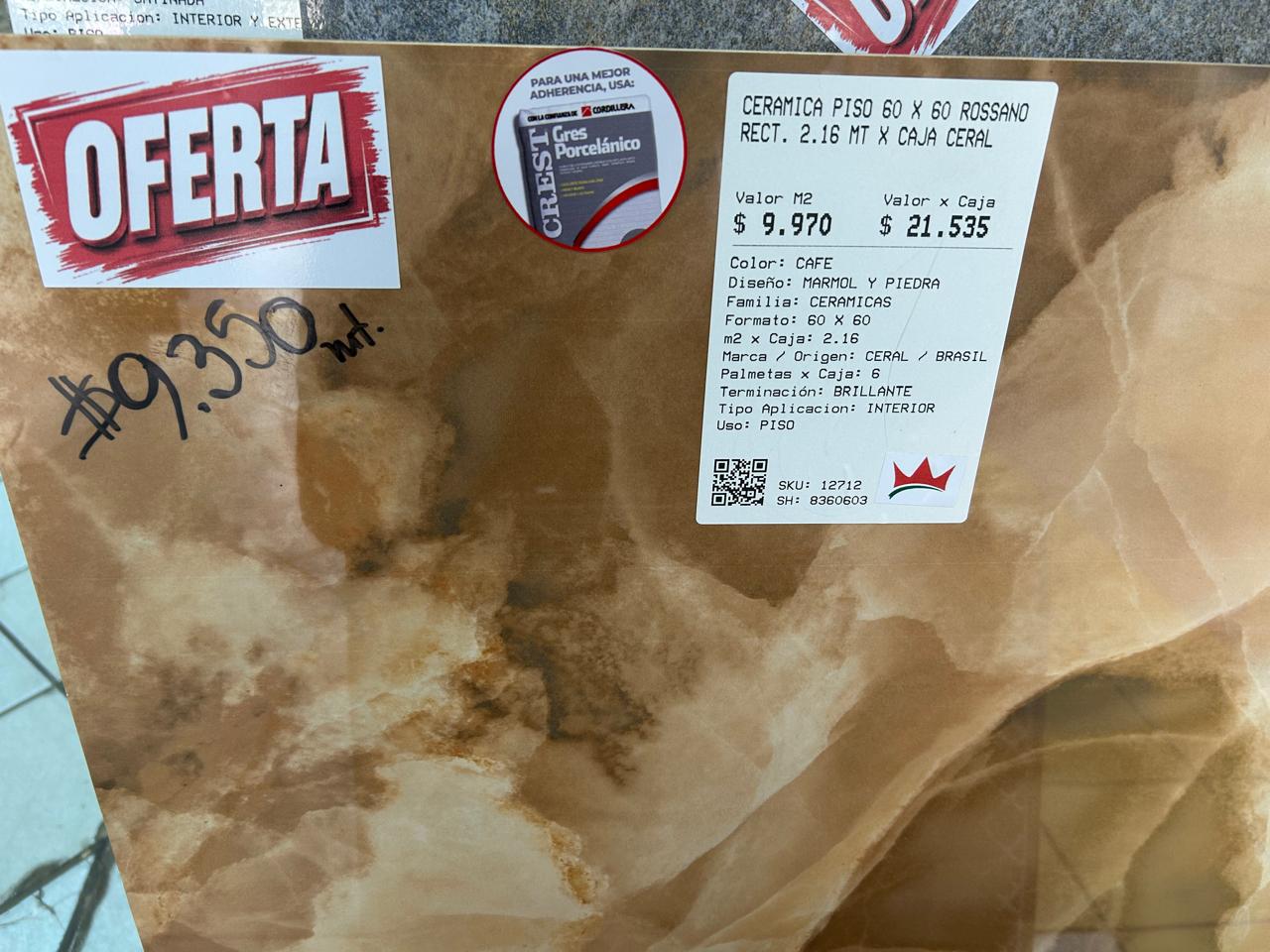 CERAMICA PISO 60 X 60 ROSSANO RECT. 2.16 MT X CAJA CERAL