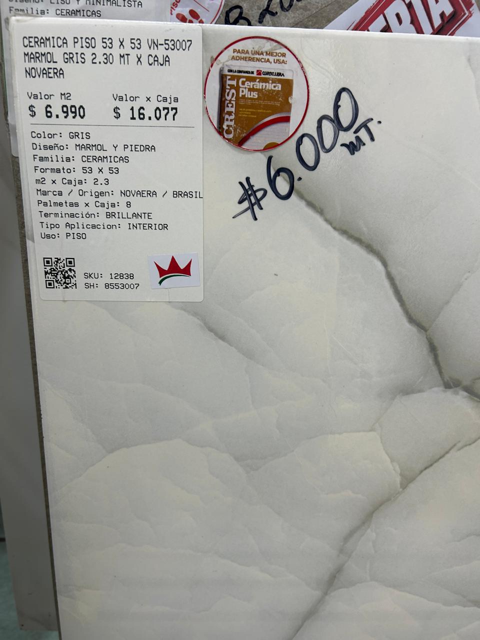 CERAMICA PISO 53 X 53 VN-53007 MARMOL GRIS 2.30 MT X CAJA NOVAERA