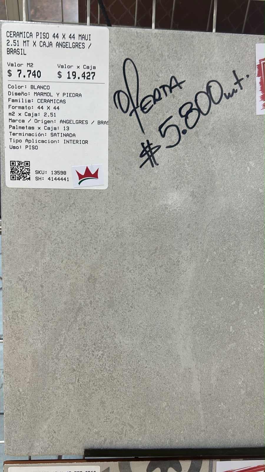CERAMICA PISO 44 X 44 MAUI 2.51 MT X CAJA ANGELGRES / BRASIL