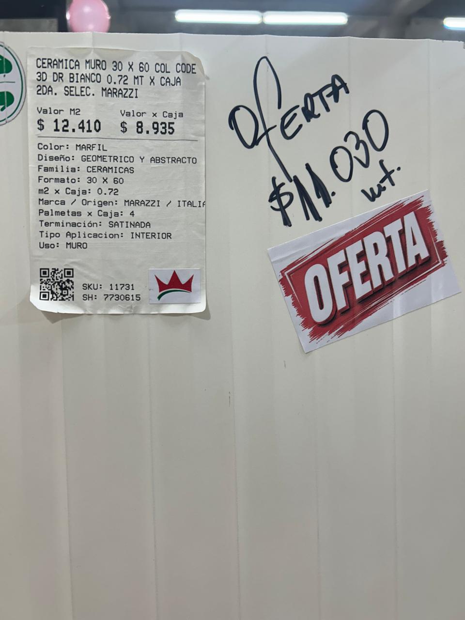 CERAMICA MURO 30 X 60 COL CODE 3D DR BIANCO 0.72 MT X CAJA 2DA. SELEC. MARAZZI