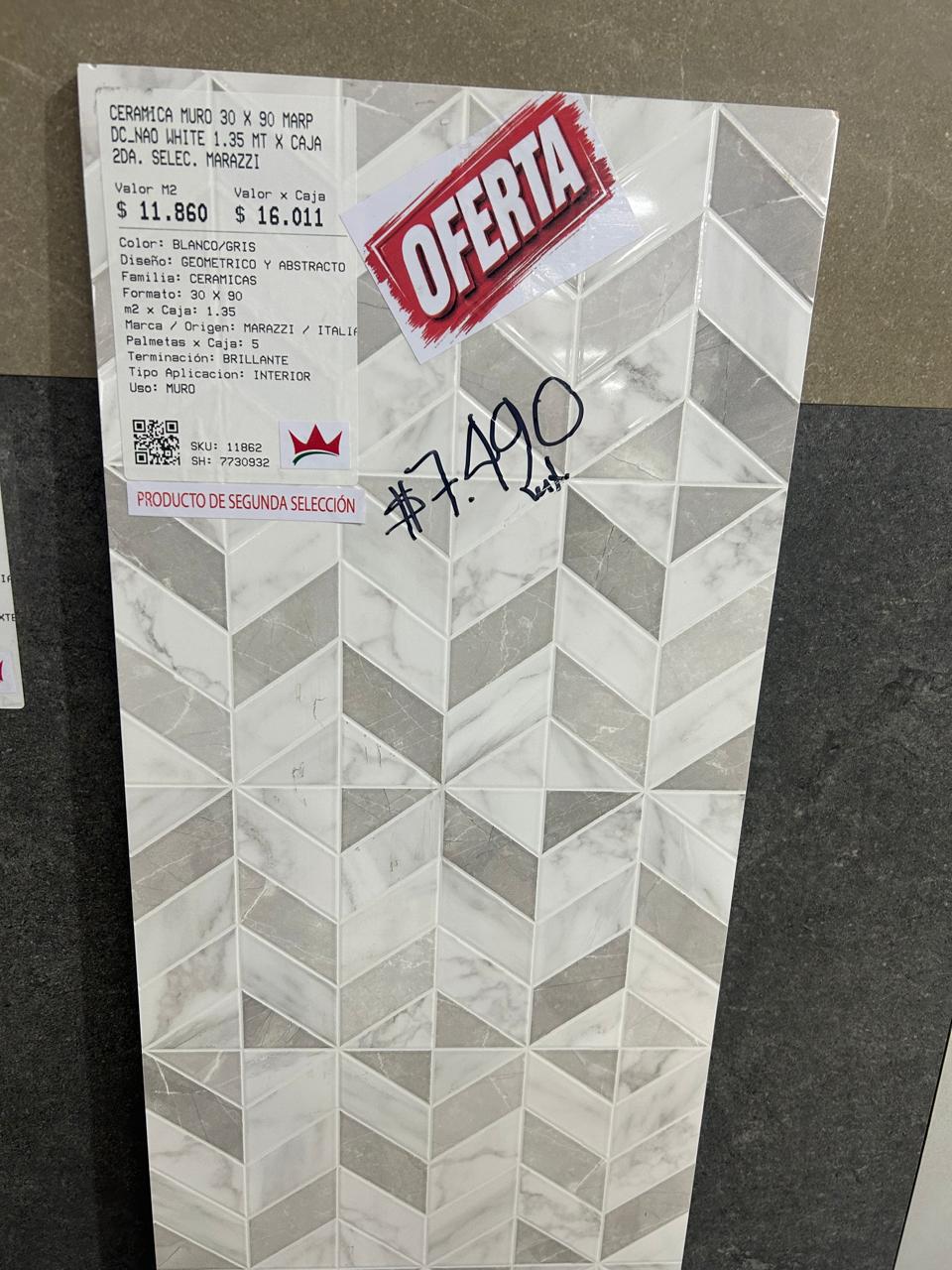 CERAMICA MURO 30 X 90 MARP DC_NAO WHITE 1.35 MT X CAJA 2DA. SELEC. MARAZZI