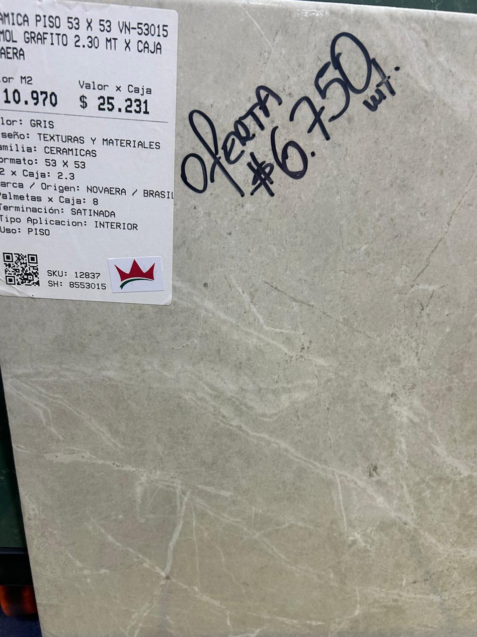 CERAMICA PISO 53 X 53 VN-53015 MARMOL GRAFITO 2.30 MT X CAJA NOVAERA