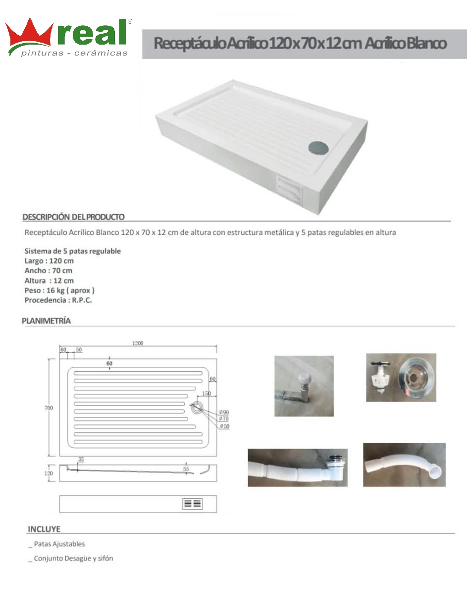RECEPTACULO DUCHA BLANCO ACRILICO 120 X 70 X 12 C/PATAS REGULABLES C/DESAGUE Y SIFON CORRUGADO