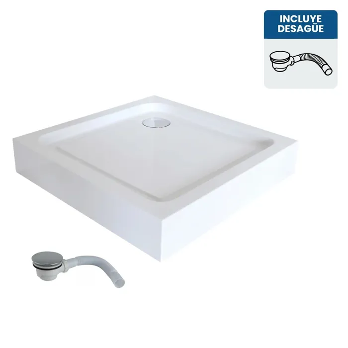 RECEPTACULO DUCHA BLANCO 80 X 80 X 12 C/PATAS REGULABLES ACRILICO C/DESAGUE Y SIFON CORRUGADO