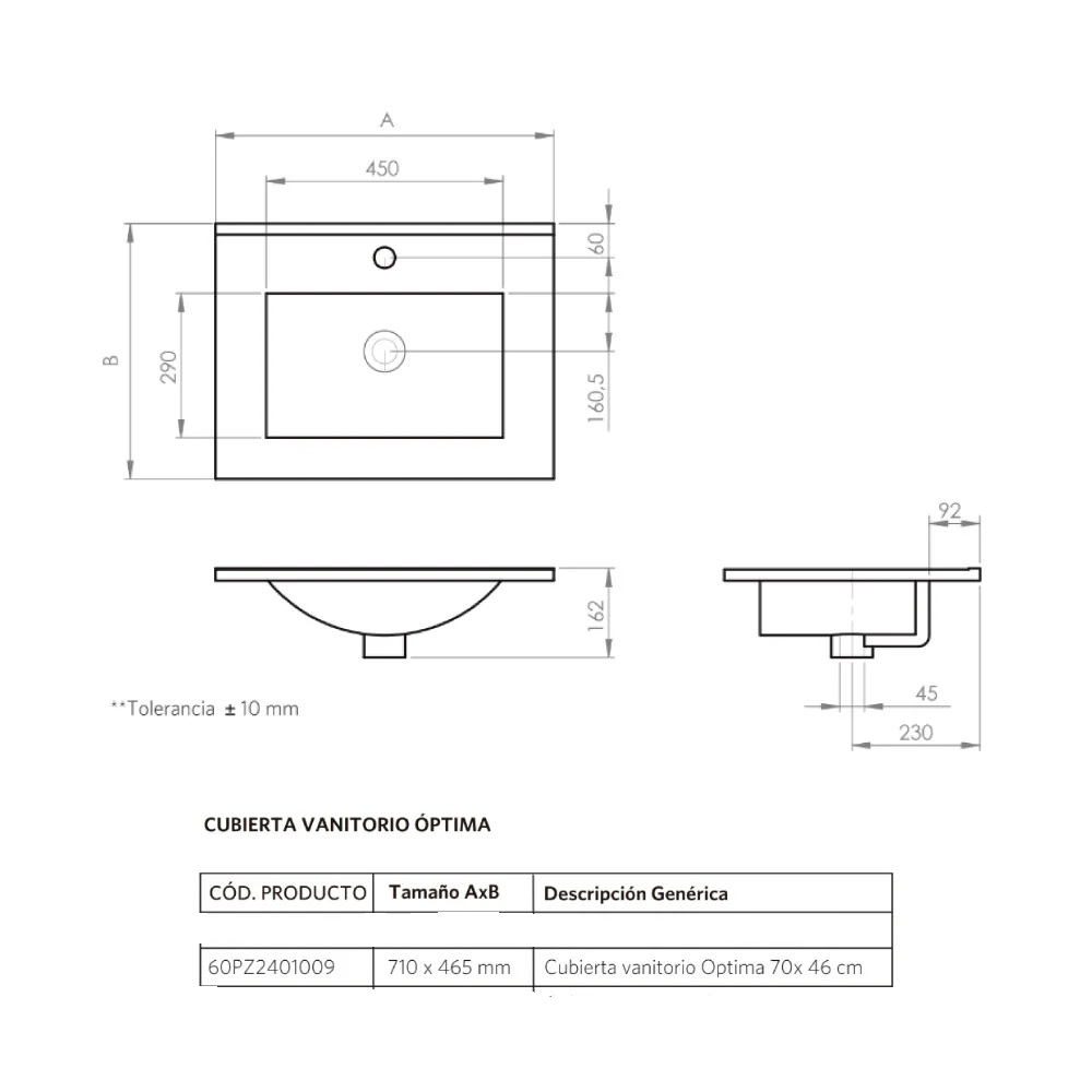 CUBIERTA VANITORIO 70 X 46 STRETTO