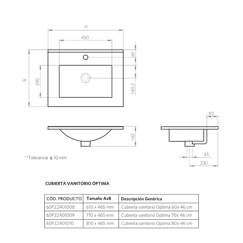 CUBIERTA VANITORIO 60 X 46 STRETTO